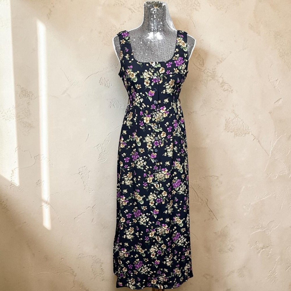 Vintage Y2K Dark Cottagecore Silk Maxi Dress Floral Tie Back Button Size 6